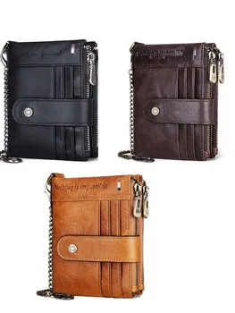Мужской кожаный двойной кошелек с RFID-блокировкой, короткий карман для мелочи с противоугонной цепочкой