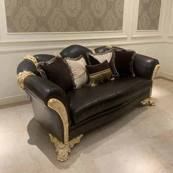 Индивидуальный итальянский роскошный диван из массива дерева в европейском стиле, изготовленный тяжелой промышленностью, с резьбой по розе, многоцветковый темно-коричневый импортный кожаный диван
