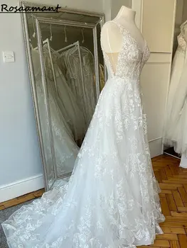 Иллюзия реального изображения, Свадебные платья с глубоким V-образным вырезом, свадебные платья без рукавов трапециевидной формы с кружевными аппликациями
