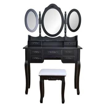 Комод Складной с 3 зеркалами и 7 выдвижными ящиками Туалетный столик черный [US-W]