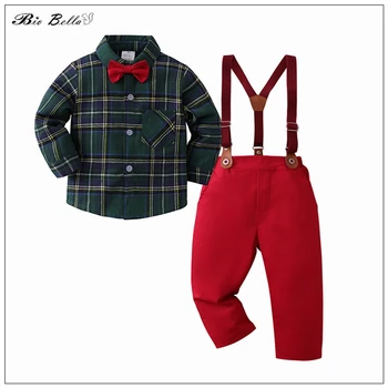 Детская одежда для мальчиков, Рождественский Джентльмен, Весенне-осенний детский костюм, футболка с длинными рукавами + брюки, костюм для мальчиков