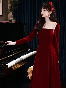 Винтажное Винно-красное пышное платье с длинным рукавом, женское платье 2023, Новый весенний стиль, Бархатное вечернее платье с квадратным вырезом для помолвки