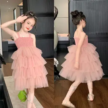 2023 Летнее платье-комбинация для маленьких девочек, модные многослойные сетчатые платья принцессы для торта на День рождения, детская праздничная одежда Vestidos