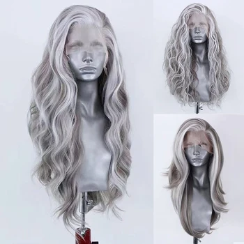 Синтетический парик AIMEYA с кружевом спереди, серебристо-серый парик, смешанный цвет, синтетические кружевные парики, женский парик для ежедневного использования, косплей-парик