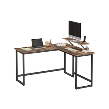 Компьютерный стол, 55-дюймовый L-образный Угловой Письменный стол с Подставкой для Монитора, Рабочее место для Домашнего офиса, Игровой, Коричневый в Деревенском стиле