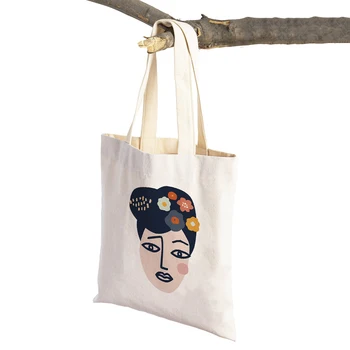 Абстрактное женское лицо, красочные цветы, фрукты, женские сумки для покупок из супермаркета, сумка для покупок в скандинавском стиле, холщовая сумка для покупок