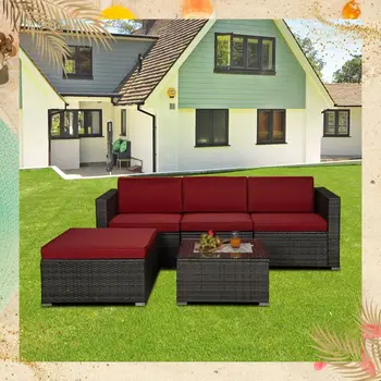 Уличная Садовая мебель для патио из 5 предметов, Плетеный секционный диван из ротанга красного цвета с подушками