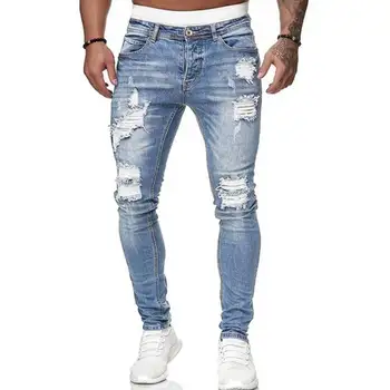 Мода Уличный стиль Рваные узкие джинсы Мужские Винтажные Однотонные джинсовые брюки Мужские Повседневные Облегающие Джинсовые брюки-карандаш Горячая распродажа