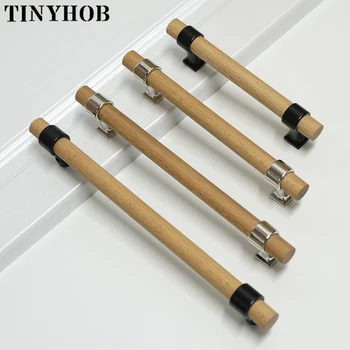 Различные размеры/Ручка из натурального дерева в скандинавском стиле, ручка для ящика из цинкового сплава, винтажная ручка для ящика, деревянная ручка для шкафа, матово-черная