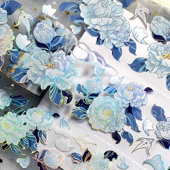 Сине-белый цветочный цветок, блестящая лента для домашних животных Washi, материал для планировщика, коллаж, журнальный декор 5.24