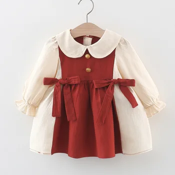 Платье для маленьких девочек с длинным рукавом, воротник Питер Пэн, лоскутный бант, осень-зима, Рождество, Детская бутик-одежда