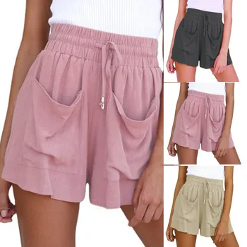 Хлопчатобумажные шорты с высокой талией на шнурке, женские летние шорты с большими карманами, широкие повседневные короткие брюки, Женские Свободные шорты
