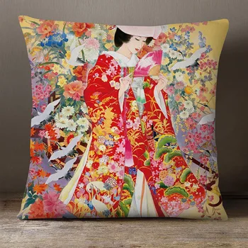 Японская девушка-гейша, Наволочка, Женская красота, Декоративные подушки для дивана, Бежевая Льняная Наволочка, украшение спальни
